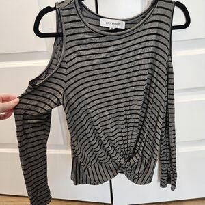 Lily White Gray and Black Crop Tie Front Blouse